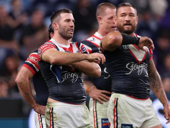 SYDNEY, AUSTRALIA - APRIL 18: James Tedesco of the Roosters reacts after a Storm try during the round seven NRL match between Sydney Roosters and Melbourne Storm at Allianz Stadium on April 18, 2024, in Sydney, Australia. (Photo by Cameron Spencer/Getty Images)