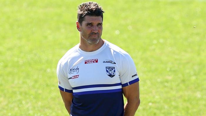 SYDNEY, AUSTRALIA - APRIL 20: Bulldogs coach Trent Barrett looks on during a Canterbury Bulldogs NRL training session at Belmore Sports Ground on April 20, 2022 in Sydney, Australia. (Photo by Brendon Thorne/Getty Images)