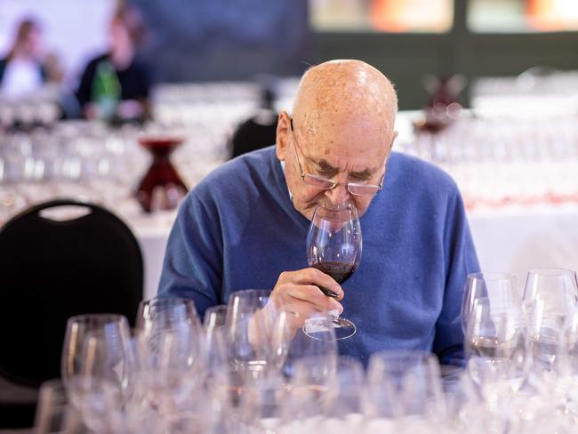 James Halliday tastes a Grange at Penfolds Magill Estate. Penfolds chief winemaker Peter Gago hosted a tasting of almost the entire back vintage of Penfold's high-end wines including Granges from almost every year - it's the most valuable and rare collection of wine ever opened in one hit in Australia.