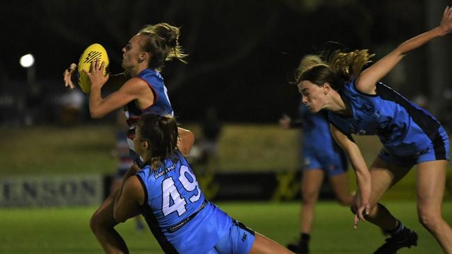 Sturt's Arabella Brown tackles Central's Emma Keys during the sides' round four SANFLW clash Picture: Peter Swan