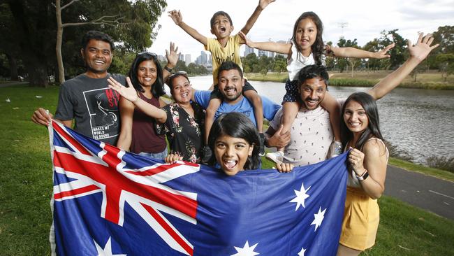 Digvijay Rathod and wife Sweta, Shital Raval and husband Vikram, Kiyaan, 5, Jenya, 8, Jay Patel and wife Jalpi with daughter Neysa, 4, are all looking forward to celebrating Australia Day. Picture: David Caird