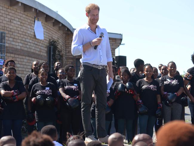 Prince Harry, Duke of Sussex delivers a speech during a visit with the Duchess of Sussex to the "Justice desk", an NGO in the township of Nyanga in Cape Town. Picture: AFP