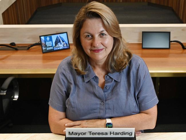 27/1/2025: Ipswich Mayor Teresa Harding who will be permanently gagged by her fellow councillors in a vote on Tuesday, in the council chambers and in front of the Council building in Ipswich, west of Brisbane.  Six of the nine so-called independent councillors have been gradually using their block of votes to take away the mayor's powers. pic: Lyndon Mechielsen/The Australian