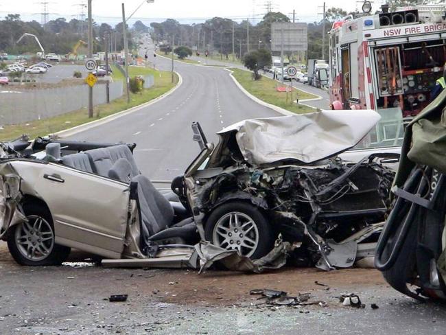 The Smith family’s Mitsubishi was destroyed in a 2004 crash that left their then two-year-old son Layton with permanent injuries. Picture: Facebook.