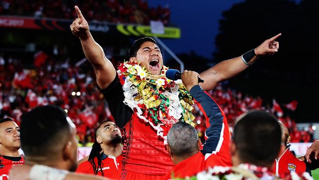 Jason Taumalolo of Tonga leads the Sipi Tau before the World Cup semi-final against England. (Photo by Hannah Peters/Getty Images)