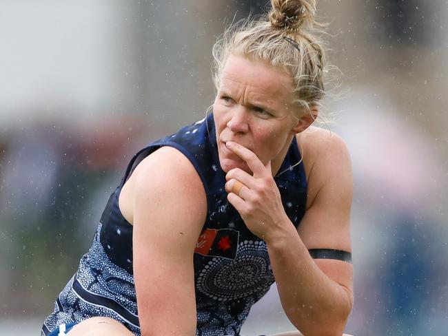 MELBOURNE, AUSTRALIA - OCTOBER 22: Kate Darby of the Cats looks dejected after a loss during the 2023 AFLW Round 08 match between The Collingwood Magpies and The Geelong Cats at Victoria Park on October 22, 2023 in Melbourne, Australia. (Photo by Dylan Burns/AFL Photos via Getty Images)