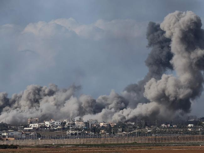 A scene from southern Israel near the border with the Gaza Strip shows smoke rising during an Israeli strike in Gaza. Picture: AFP