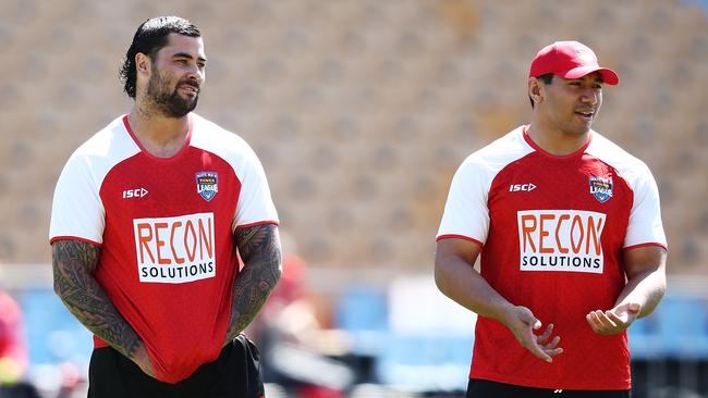 Andrew Fifita (L) watches a Mate Ma'a Tonga training session with teammate Jason Taumalolo in Auckland. Picture: Getty Images