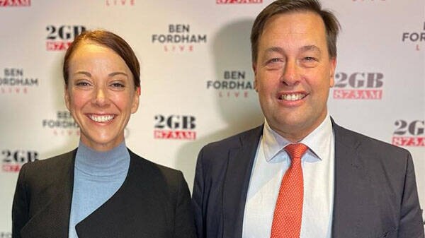 Independent candidate for Mackellar at the May 2022 federal election, Sophie Scamps, with Liberal MP for Mackellar, Jason Falinski, after appearing on the Ben Fordham breakfast show on 2GB on Thursday. Picture: 2GB