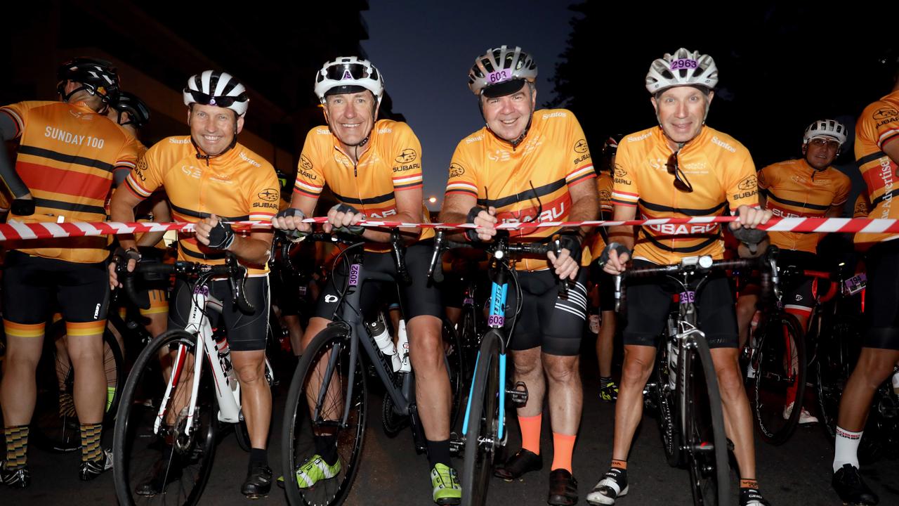 (L to R) Dave Robertson, Phillip Forshaw, and Alex King, all from Brisbane, and Ray Melbourne from Craigmore, Adelaide. (AAP Image/Dean Martin)