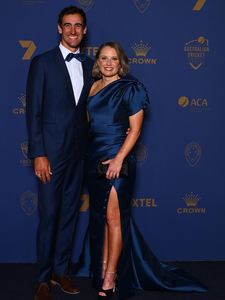Mitchell Starc and Alyssa Healy arrive ahead of the 2024 Cricket Australia Awards at Crown Palladium. (Photo by Morgan Hancock/Getty Images for Cricket Australia)