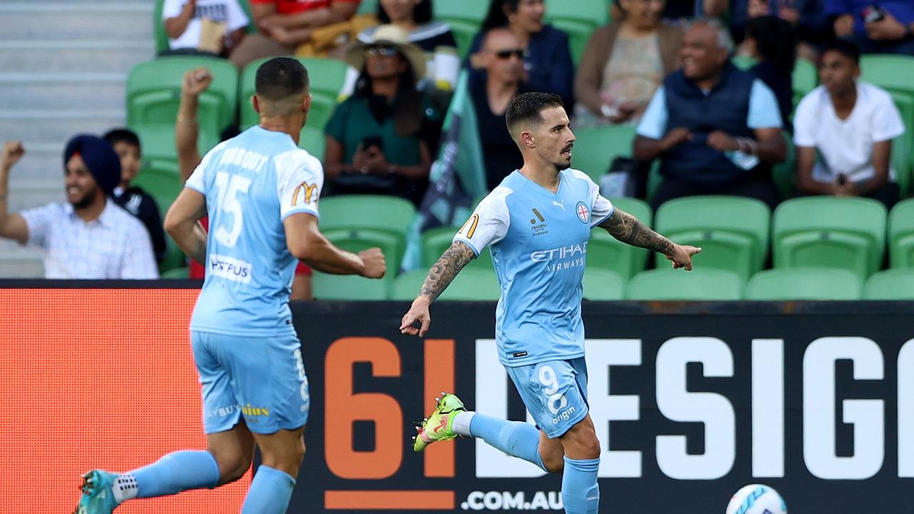 Jamie Maclaren celebrates scoring for Melbourne City against Western United in March. Picture: Robert Cianflone/Getty Images