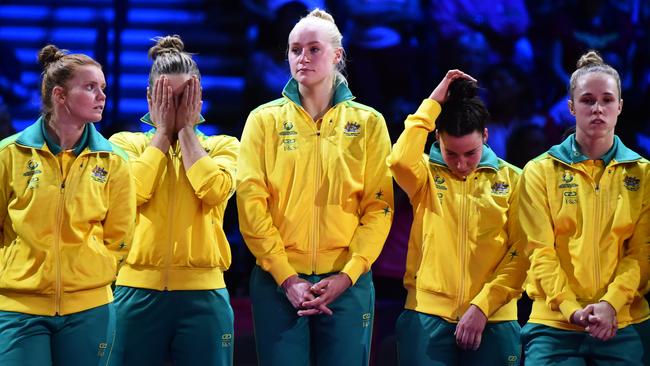 Australian players look dejected after the Vitality Netball World Cup Final . Picture: Nathan Stirk/Getty Images