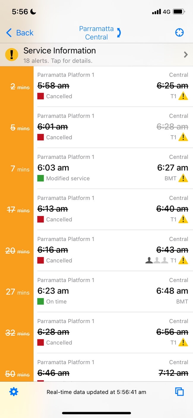 Parramatta to Central lines showing a number of cancellations on Thursday morning. Picture: Supplied