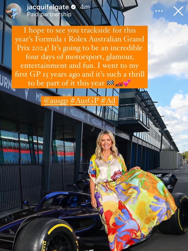 3AW broadcaster Jacqui Felgate promoting a paid partnership with the Australian Grand Prix Corporation. Source: Instagram.