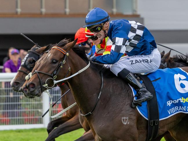 G1 Australasian Oaks Mark Zahra drives Vibrant Sun home to win the G1 Australasian Oaks.Picture: Makoto Kaneko