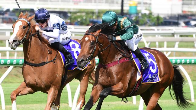 King's Legacy gets over the top of Every Rose in the B.J. McLachlan Stakes at Eagle Farm. Picture: Trackside Photography