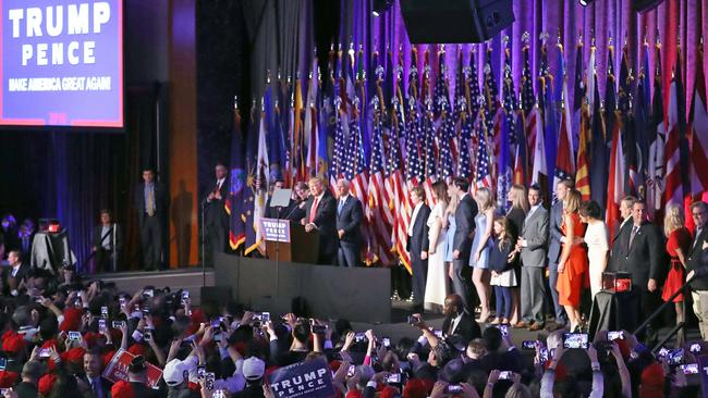 Trump is surrounded by his family as he delivers his victory speech. Picture: Joe Raedle/Getty