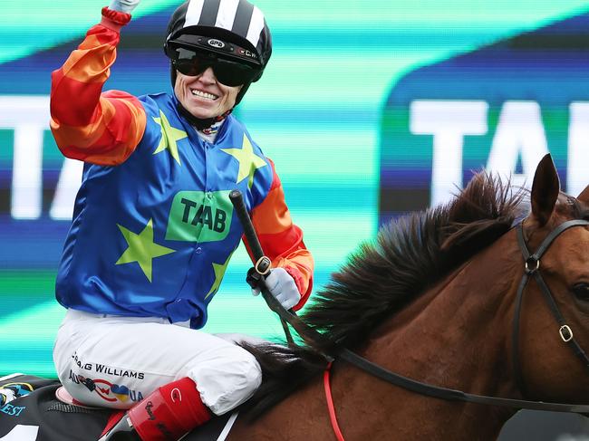 SYDNEY, AUSTRALIA - OCTOBER 19: Craig Williams riding Bella Nipotina wins Race 7 The TAB Everest during Sydney Racing - The Everest Day at Royal Randwick Racecourse on October 19, 2024 in Sydney, Australia. (Photo by Jeremy Ng/Getty Images)