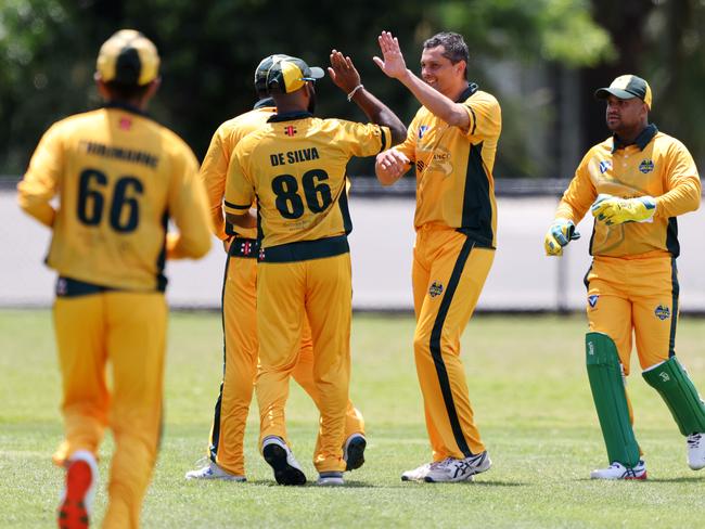 Hills paceman Chris Pereira (second from right) celebrates a wicket.