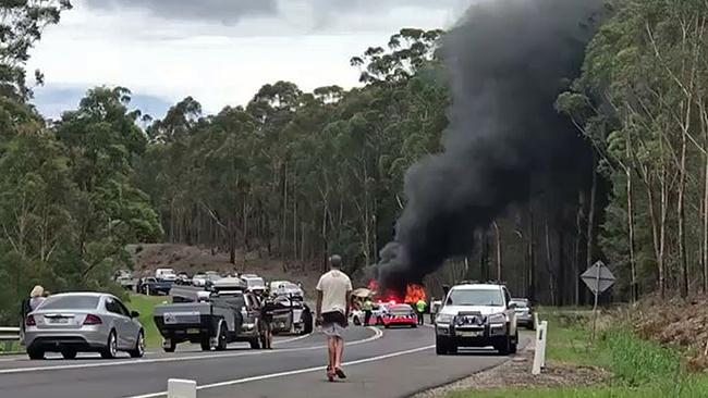 Three people were killed in a fiery crash at Mondayong between Sussex Inlet and Bendalong on Boxing Day. Picture: Seven News Sydney