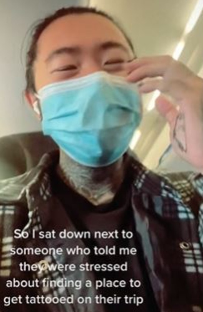 US tattoo artist Asher has gone viral after he shared a clip revealing his mid-flight act on a stranger. Picture: TikTok/luckyboytattoos