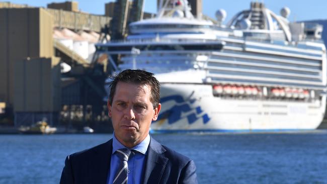 NSW opposition health spokesman Ryan Park in front of the Ruby Princess on Monday. Picture: Dean Lewins