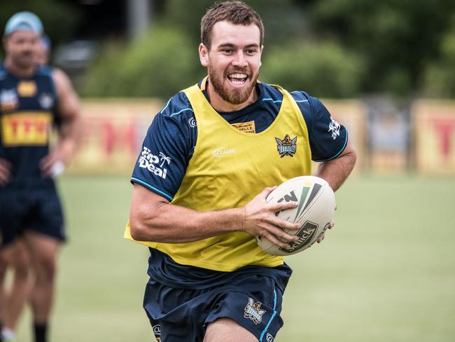 Dallas Wells, pictured at Titans training in 2018, will make his return from a knee injury for Burleigh tomorrow. Picture: Gold Coast Titans