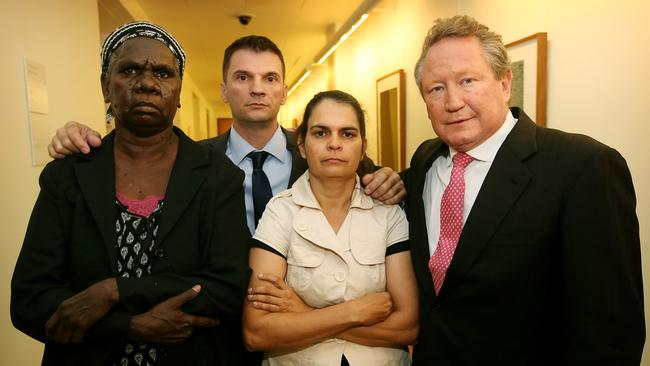 Jean O'Reeri of the Wyndham advisory group for the cashless debit card and from East Kimberley , Camilo Blanco Mayor of Port Hedland and Bianca Crake with Andrew Forrest at Parliament House. Picture: Kym Smith