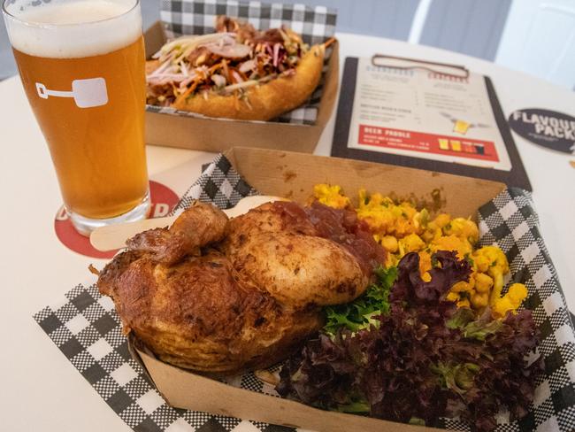 The rotisserie chicken and pork belly roll with craft beer at Malt Shovel Taphouse. Picture: Jenifer Jagielski