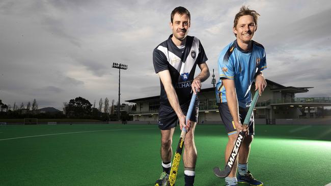 Hockey, Vaughn Bowen (DER) and James Bourke (NWG) at New Town. Picture Chris Kidd