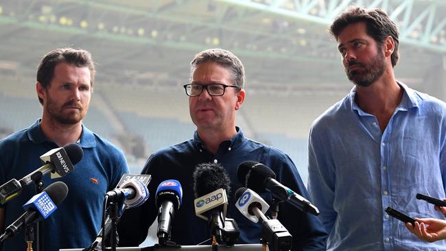 AFLPA President Patrick Dangerfield, AFLPA chief executive Paul Marsh and AFL chief executive Gillon McLachlan. Picture: AAP Image/James Ross