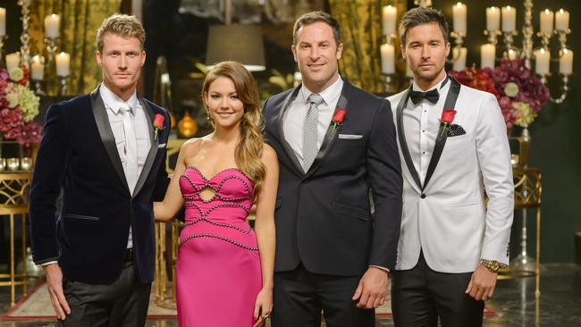 Bachelorette final three with Sam Frost L-R Richie Strahan, Sam Frost, Sasha Mielczarek, Michael Turnbull