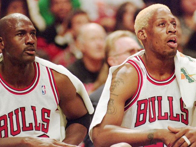 Michael Jordan and Dennis Rodman. (AP Photo/Fred Jewell). Basketball