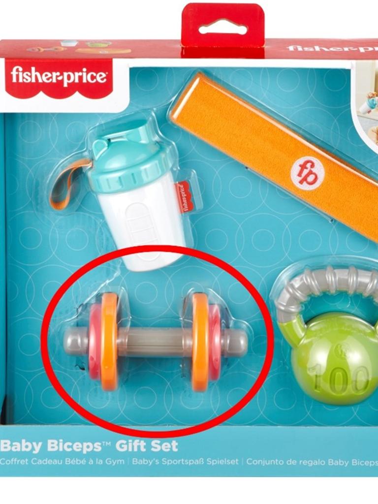 The plastic caps on the dumbbell (bottom right) pose a choking hazard. Picture: Supplied