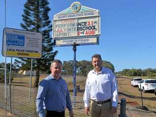 NEED FOR SPEED REDUCTION: Councillor Scott Rowleson and member for Burnett, Stephen Bennett are calling for the minister of main roads to review the current speed of 100km/hr on Elliot Heads Road, near Elliot Heads State School. Picture: Rhylea Millar