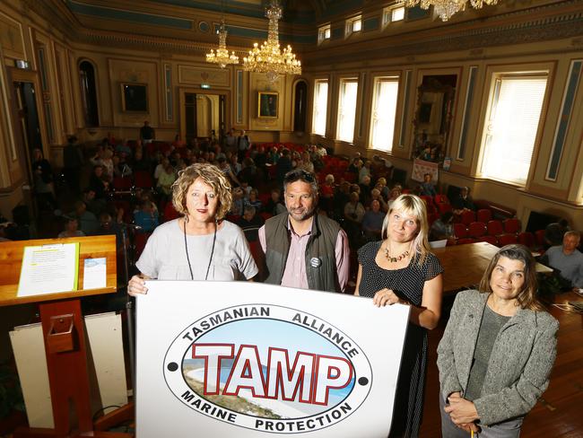 The Tasmanian Alliance for Marine Protection and its affiliated groups held an information session at the Hobart Town Hall to express widespread concerns about the expansion of industrial fish farming into Storm Bay. (L-R) Sheenagh Neil, Sailor, Mark Bishop, Chair of TAMP, Rebecca Howarth of Tasman Peninsula, Christine Coaghanour, retired marine scientist. Picture: MATT THOMPSON