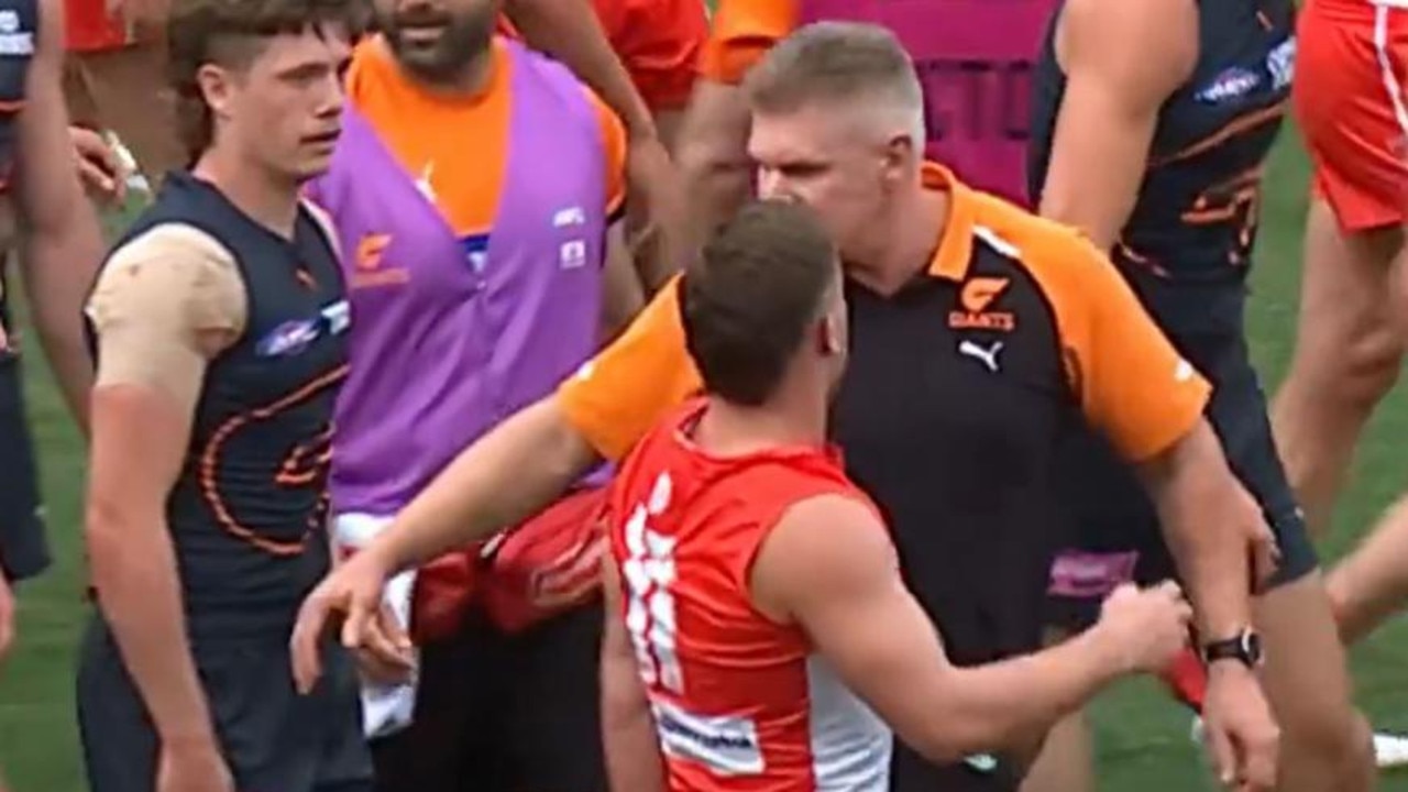 Jason McCartney and Tom Papley come together in the quarter-time incident during Saturday’s qualifying final. Picture: Channel 7