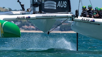 Australia SailGP Team helmed by Tom Slingsby in action during a practice session ahead of The Rolex SailGP 2025 Championship ITM New Zealand Sail Grand Prix in Auckland, New Zealand. Tuesday 14 January 2025. Photo: Bob Martin for SailGP. Handout image supplied by SailGP