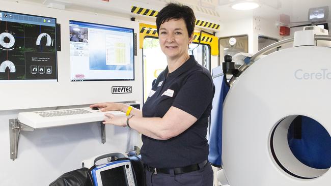 Radiographer Francesca Langenberg inside Australia’s first stroke ambulance. Picture: Sarah Matray