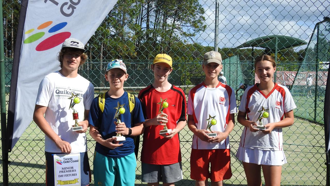 Tennis Gold Coast winners (from left to right): Zane Frogley, Aiden Cox-Gatty, Douglas Cowan, Beathan Clarke, Trinity Rollison. Pic: Supplied.