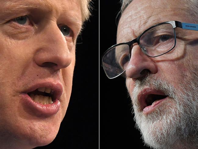 A combination of pictures created in London on November 1, 2019 shows Britain's Prime Minister and Conservative Party leader Boris Johnson (L) and Britain's main opposition Labour Party leader Jeremy Corbyn (R) giving speeches. - Britain will go to the polls on December 12, 2019 to vote in a pre-Christmas general election. (Photo by Ben STANSALL / AFP)