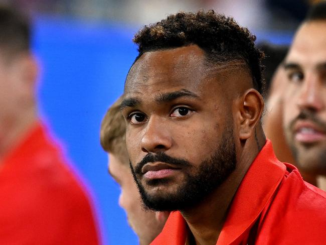 BRISBANE, AUSTRALIA - APRIL 12: Hamiso Tabuai-Fidow of the Dolphins is seen on the sidelines after suffering an injury during the round six NRL match between the Brisbane Broncos and Dolphins at Suncorp Stadium, on April 12, 2024, in Brisbane, Australia. (Photo by Bradley Kanaris/Getty Images)