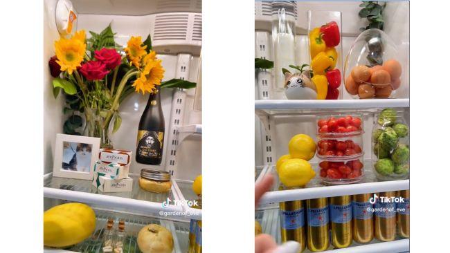 Flowers in the fridge? And a cat picture too? Image: TikTok / @gardenof_eve