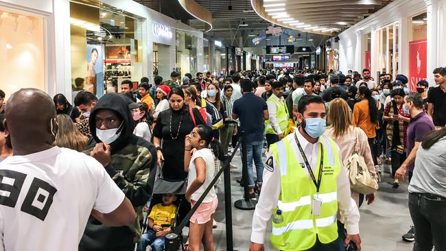 Social distancing was absent at DFO Homebush during Boxing Day sales yesterday. Picture: Flavio Brancaleone