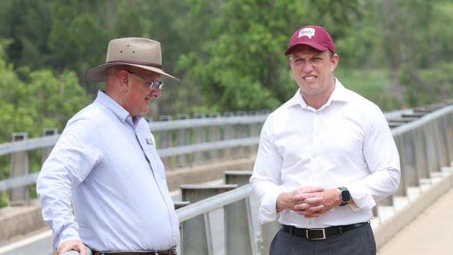 Steven Miles and Shayne Neumann at the Kholo bridge last year. Picture: Annette Dew