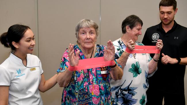 Legacy Widows Rona Borgges and Merle Salmon with pharmacist Natalie Roberts from Cates Chemist and personal trainer Leroy Palmer from Health First NQ at Townsville RSL. Picture: Evan Morgan