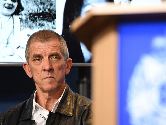 Peter Sargent, Brother of victim Anne-Marie Sargent addresses the media at the Victorian Police Centre in 2017.