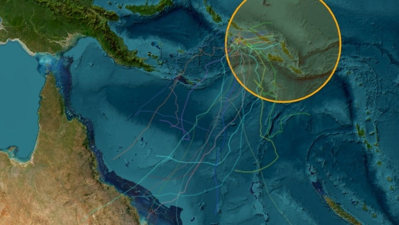 A “spaghetti model” showing the various paths the cyclone may take if it forms. Picture: Cyclocane