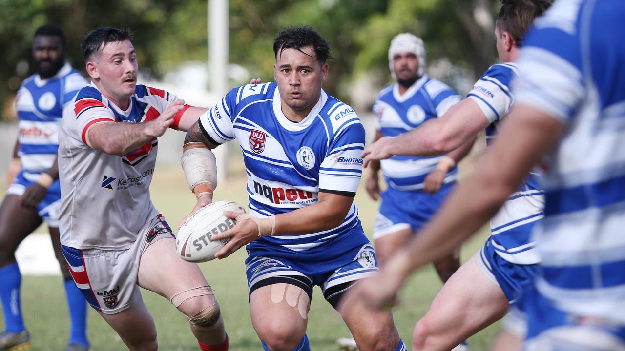 Jordan Biondi-Odo looks for support along the line in the Cairns District Rugby League (CDRL) Round 16 match between the Ivanhoe Knights and Cairns Brothers, held at the Smithfield Sporting Complex. Picture: Brendan Radke